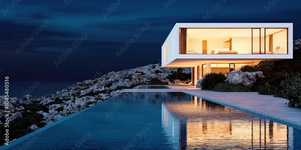 Fototapeta premium Modern Cliffside Villa with Infinity Pool and Ocean View at Dusk