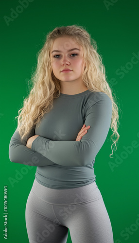 Blonde girl in grey top and grey leggings against green studio wall background