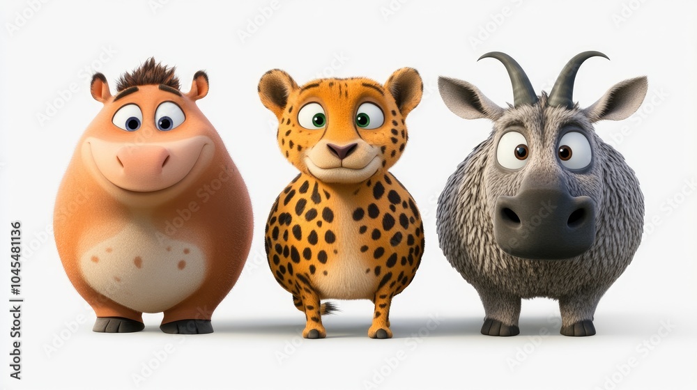 Fototapeta premium Playful Cartoon Animals in Close-up View