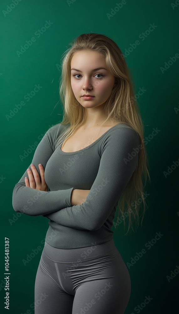 Blonde girl in grey top and grey leggings against green studio wall background Blonde girl in grey top and grey leggings against green studio wall background