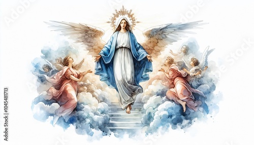 Mary as Our Lady of Assumption Visualize her ascending into heaven in watercolor illustration photo