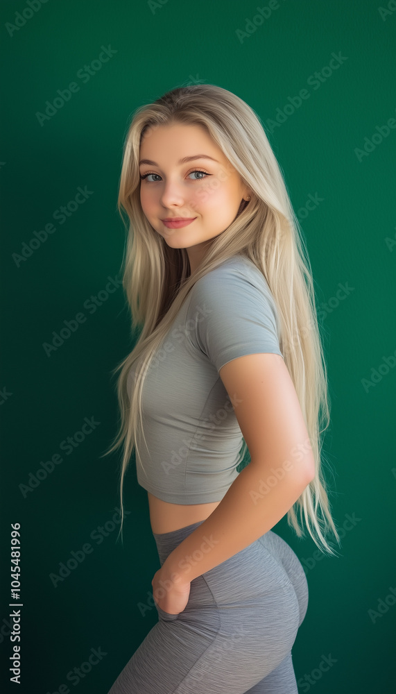 Blonde girl in grey top and grey leggings against green studio wall background Blonde girl in grey top and grey leggings against green studio wall background