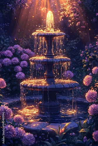 Enchanting evening serenity a mesmerizing fountain illuminated by golden sunlight surrounded by blooming flowers in a tranquil garden