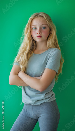 Blonde girl in grey top and grey leggings against green studio wall background