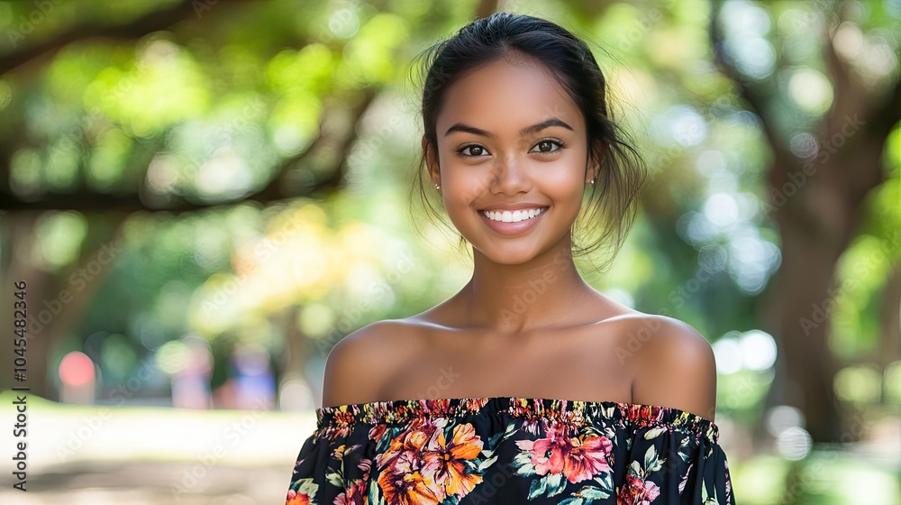 Joyful Young Woman in Floral Dress in Natural Setting Joyful Young Woman in Floral Dress in Natural Setting