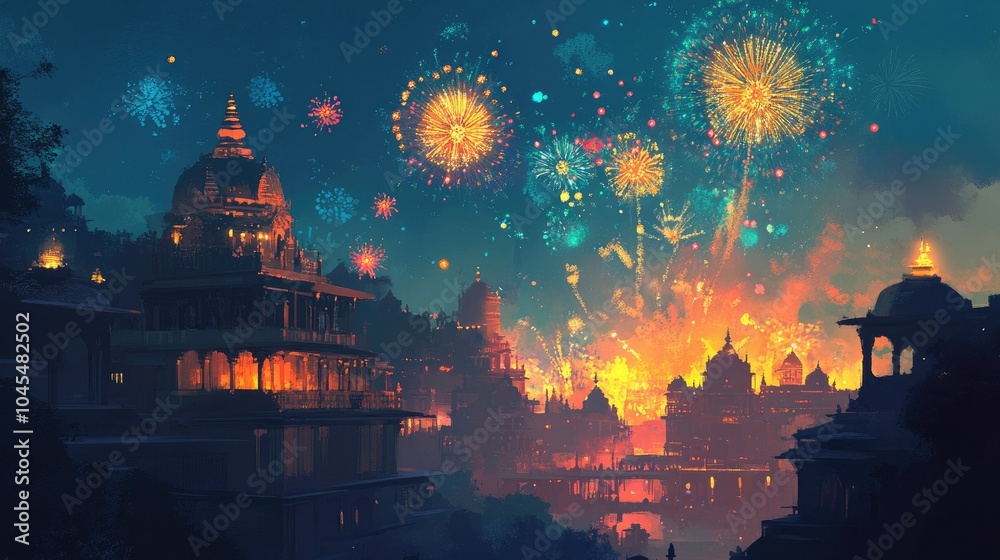 Fototapeta premium Vibrant fireworks over a South Asian temple complex, with ample copy space for festive messages