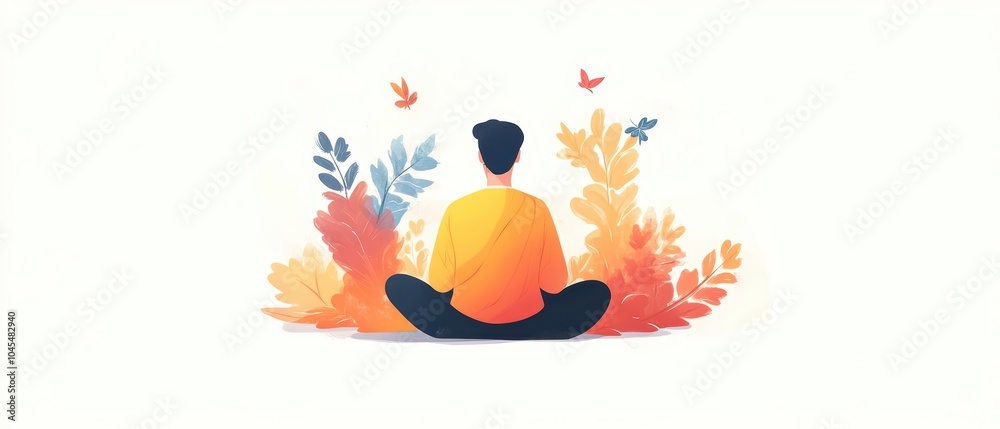 Fototapeta premium A person meditating surrounded by colorful plants and butterflies.