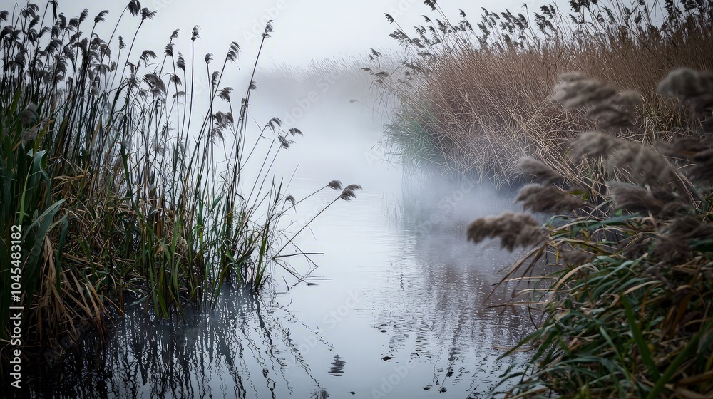 A misty morning with tall reeds on either side of a narrow river. A misty morning with tall reeds on either side of a narrow river.