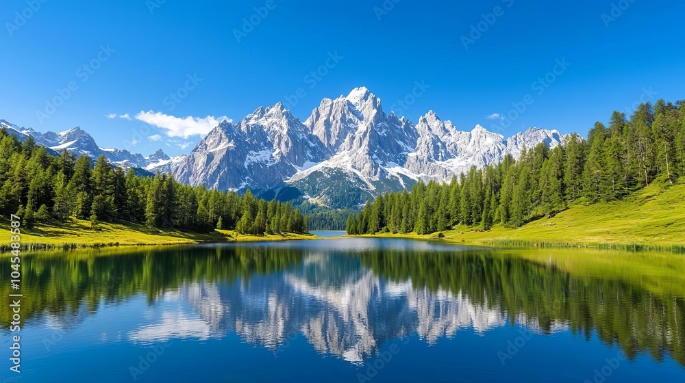 Serene alpine lake, with the still waters reflecting the surrounding forests and snowy peaks, bathed in the soft, golden glow of early morning light Serene alpine lake, with the still waters reflecting the surrounding forests and snowy peaks, bathed in the soft, golden glow of early morning light