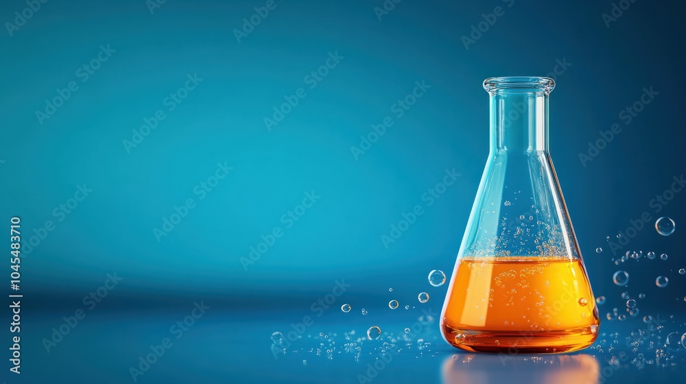 orange solution in science glass flask in blue chemistry school laboratory background orange solution in science glass flask in blue chemistry school laboratory background