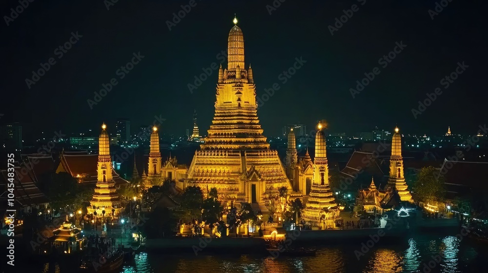Fototapeta premium Illuminated Temple at Night in Bangkok, Thailand