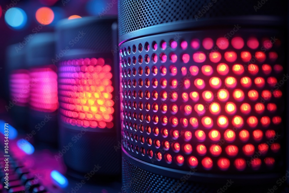 Close-up of a black cylindrical object with a grid of red LED lights Close-up of a black cylindrical object with a grid of red LED lights