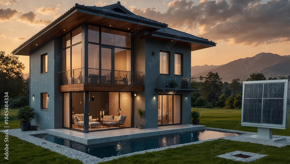 Fototapeta premium Intelligent Smart Home with Automated Energy Efficient System Optimizing Power Usage Based on Grid Demands and Availability