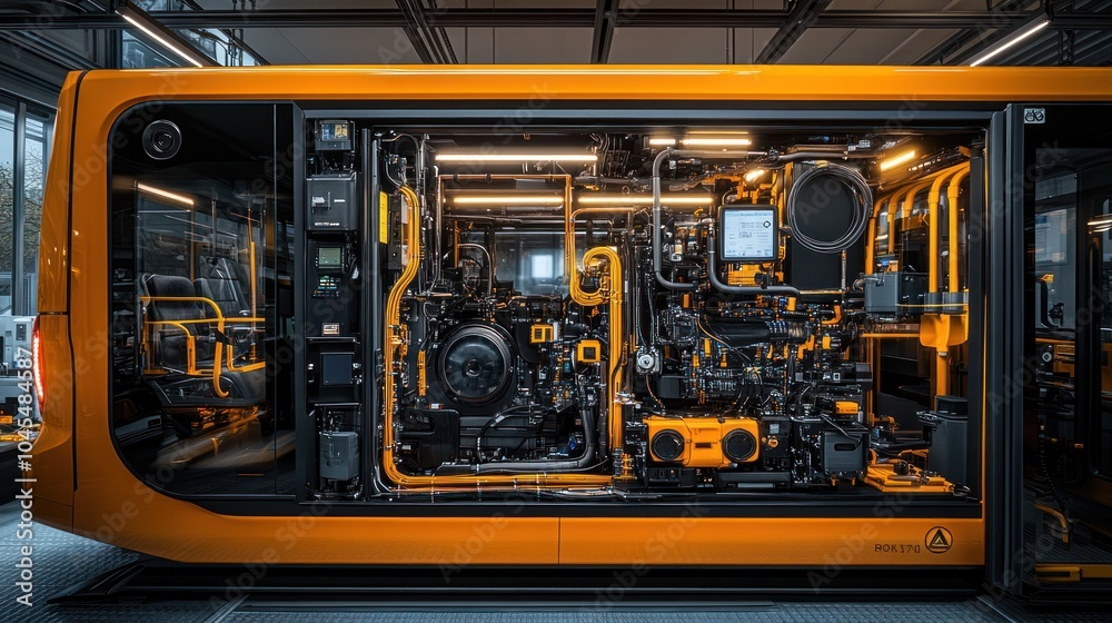 A cutaway view of a modern electric bus, revealing its intricate inner workings, showcasing the technology behind sustainable transportation. A cutaway view of a modern electric bus, revealing its intricate inner workings, showcasing the technology behind sustainable transportation.