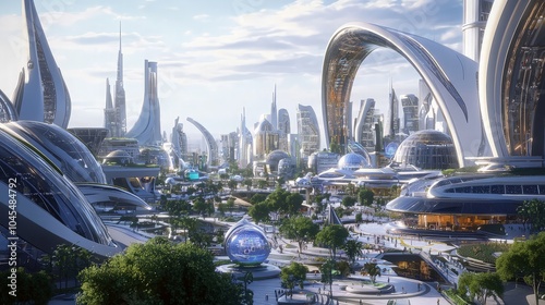 Futuristic city skyline with modern architecture, gleaming buildings, and green spaces.