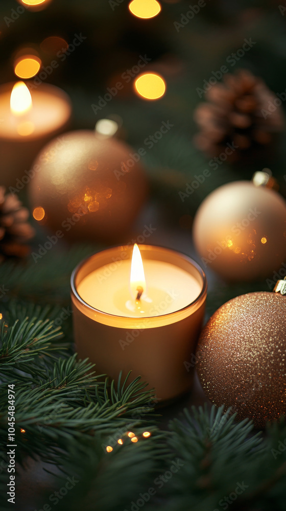 A burning candle sits surrounded by pine branches, ornaments, and warm lights.