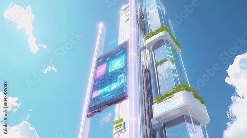 A futuristic skyscraper with a large digital screen and a sky-high view of the city.