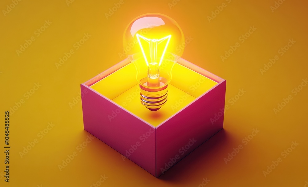 Illuminated light bulb inside a colorful box on a vibrant yellow background.