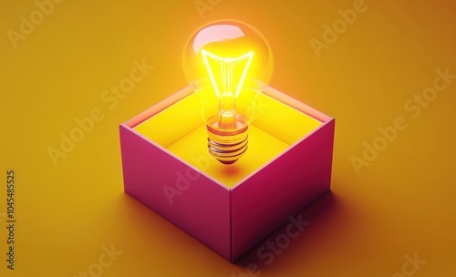 Obraz na płótnie Illuminated light bulb inside a colorful box on a vibrant yellow background. w salonie