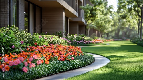 A winding concrete path leads through a lush, green lawn and colorful flowerbeds in front of a modern apartment building.