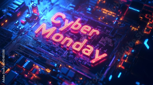 Cyber Monday poster. The Cyber Monday inscription is surrounded by the texture of a computer chip with lights photo