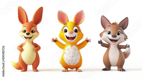 Three Expressive 3D Cartoon Animals Together