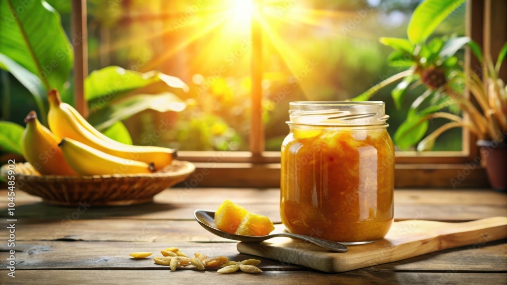 A rustic wooden table bathed in warm sunlight, featuring a mason jar filled with golden fruit preserve, accompanied by a spoon holding fresh fruit pieces and a bowl of ripe bananas. A rustic wooden table bathed in warm sunlight, featuring a mason jar filled with golden fruit preserve, accompanied by a spoon holding fresh fruit pieces and a bowl of ripe bananas.