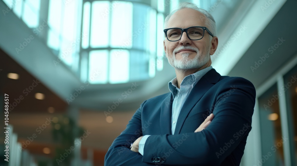Fototapeta premium Portrait of successful mature boss, senior businessman in glasses and business suit looking at camera and smiling, man with crossed arms working inside modern office building.