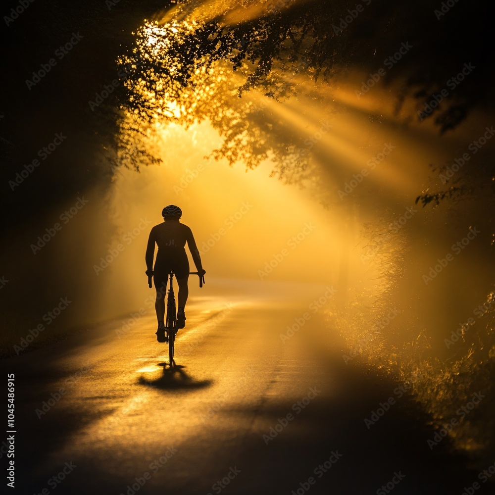 Obraz premium Cyclist riding through a sunlit forest path