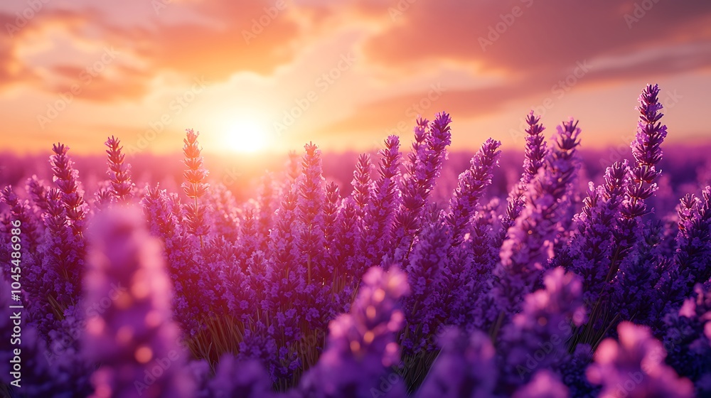 Fototapeta premium A field of lavender blossoms bathed in the golden light of a setting sun, creating a serene and tranquil atmosphere.