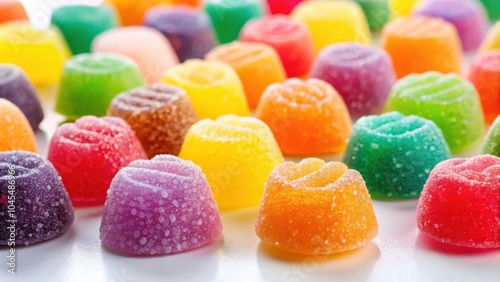 A vibrant assortment of brightly colored jelly candies, each glistening with a sugary coating, creates a delightful visual feast.