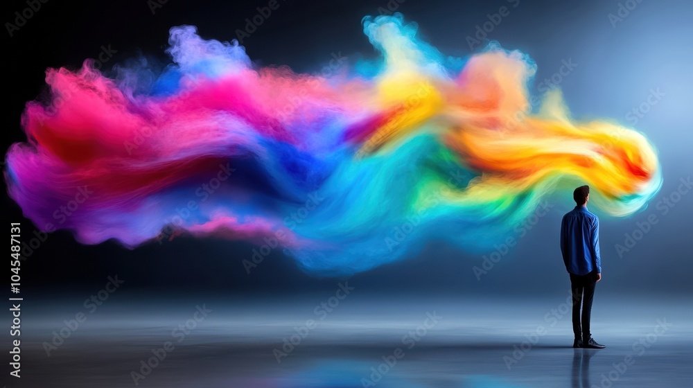 Obraz premium Person standing in awe of colorful abstract smoke swirls in dark space.
