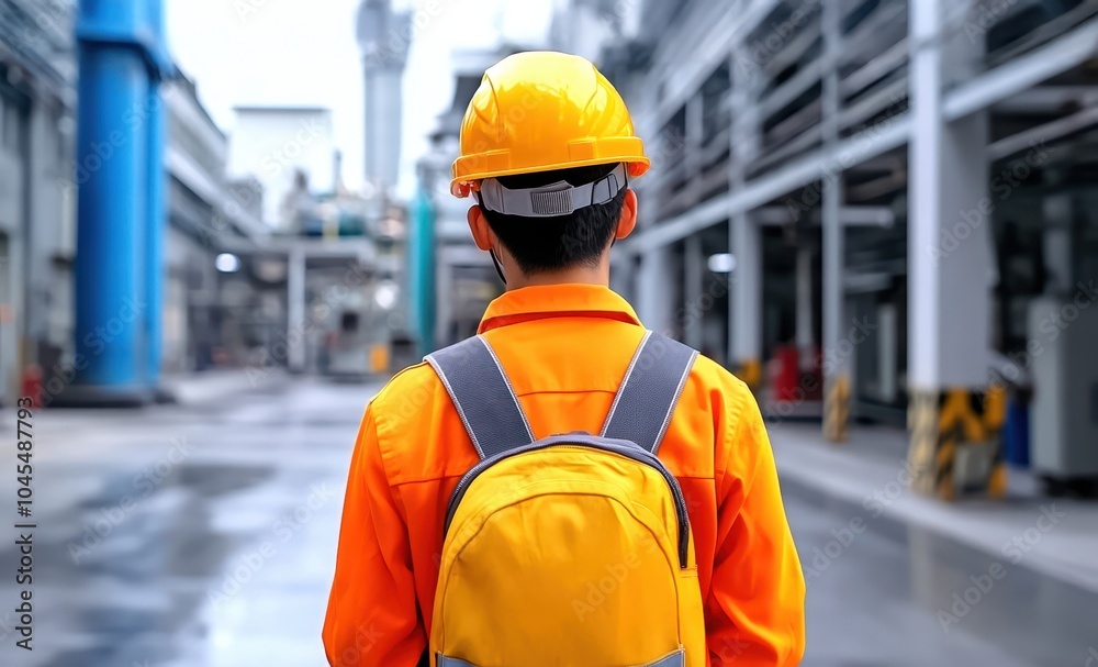 Worker in orange safety gear stands in an industrial setting, back view, focused on the task ahead. Worker in orange safety gear stands in an industrial setting, back view, focused on the task ahead.