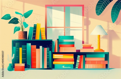 Colorful flat design illustration of bookshelves with stacked books, a potted plant, and a desk lamp near a sunlit window. Ideal for educational, interior, or home decor themes