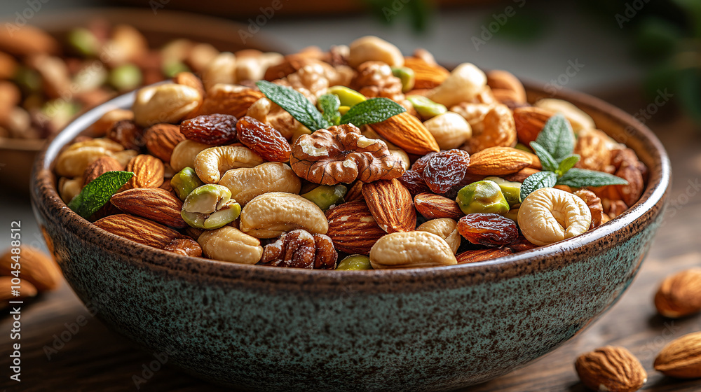A bowl of assorted nuts and dried fruits on a wooden surface, top-down view, highlighted by natural daylight. Perfect for food and nutrition-related content. A bowl of assorted nuts and dried fruits on a wooden surface, top-down view, highlighted by natural daylight. Perfect for food and nutrition-related content.