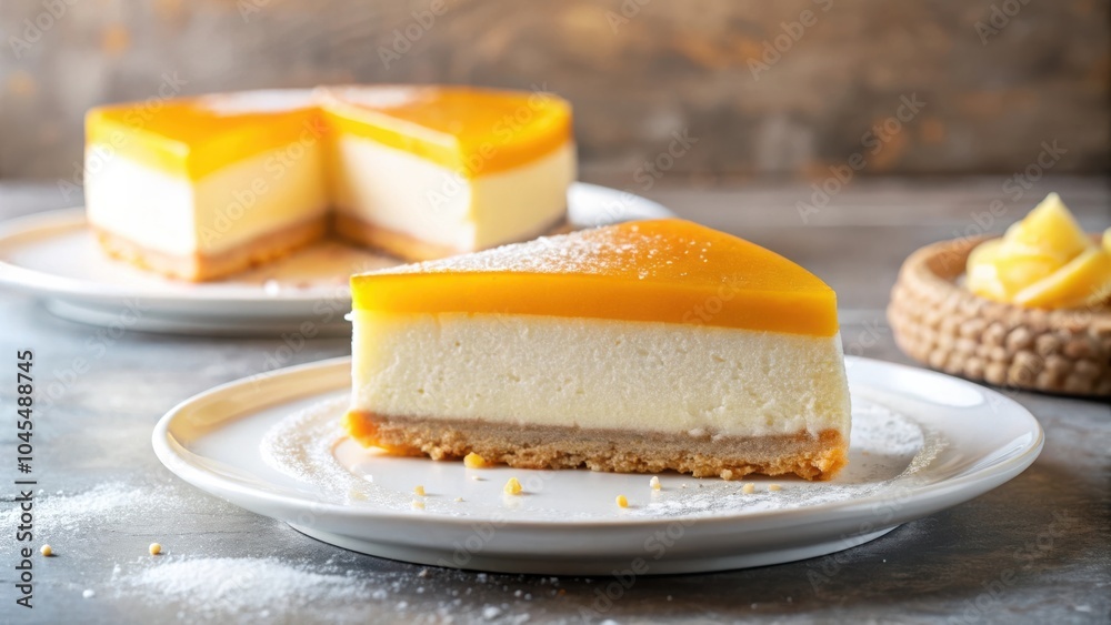 A slice of creamy cheesecake topped with a vibrant layer of orange glaze, resting on a white plate with powdered sugar sprinkled around it, showcasing a classic dessert delight. A slice of creamy cheesecake topped with a vibrant layer of orange glaze, resting on a white plate with powdered sugar sprinkled around it, showcasing a classic dessert delight.