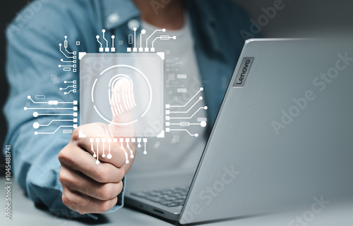 Fingerprint scan provides security access with biometrics identification. Thumbs up with virtual fingerprint to scan biometric identity, access password for technology security system prevent hacker..