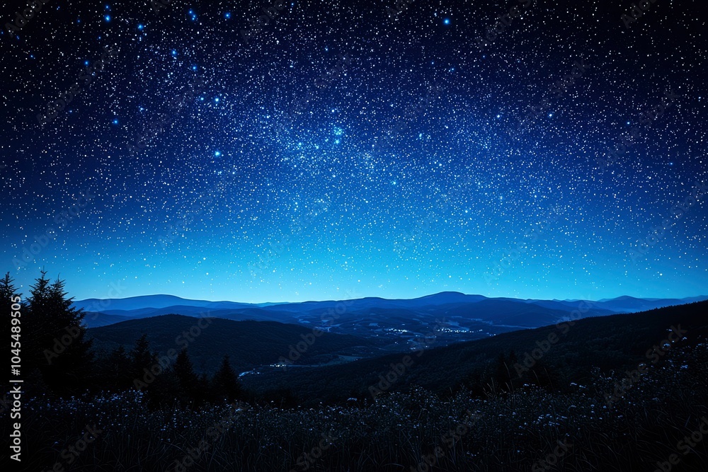 Fototapeta premium Starry Night Sky Above Mountain Range with Lights in Valley