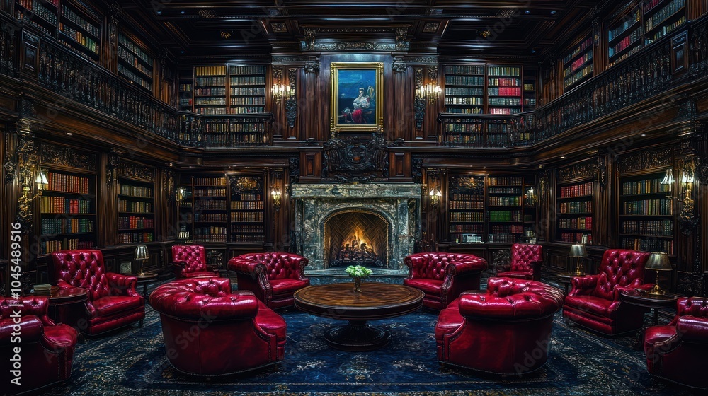 A grand library with a fireplace, red leather armchairs, a wooden bookshelf, and a painting on the wall. A grand library with a fireplace, red leather armchairs, a wooden bookshelf, and a painting on the wall.