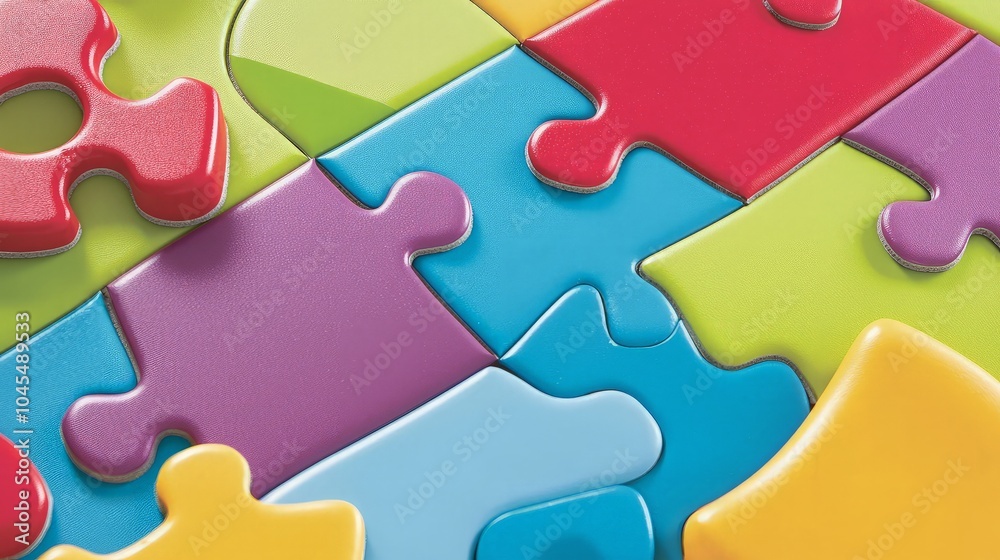 Colorful puzzle pieces interlock together creating a pattern of various shapes and sizes. Colorful puzzle pieces interlock together creating a pattern of various shapes and sizes.