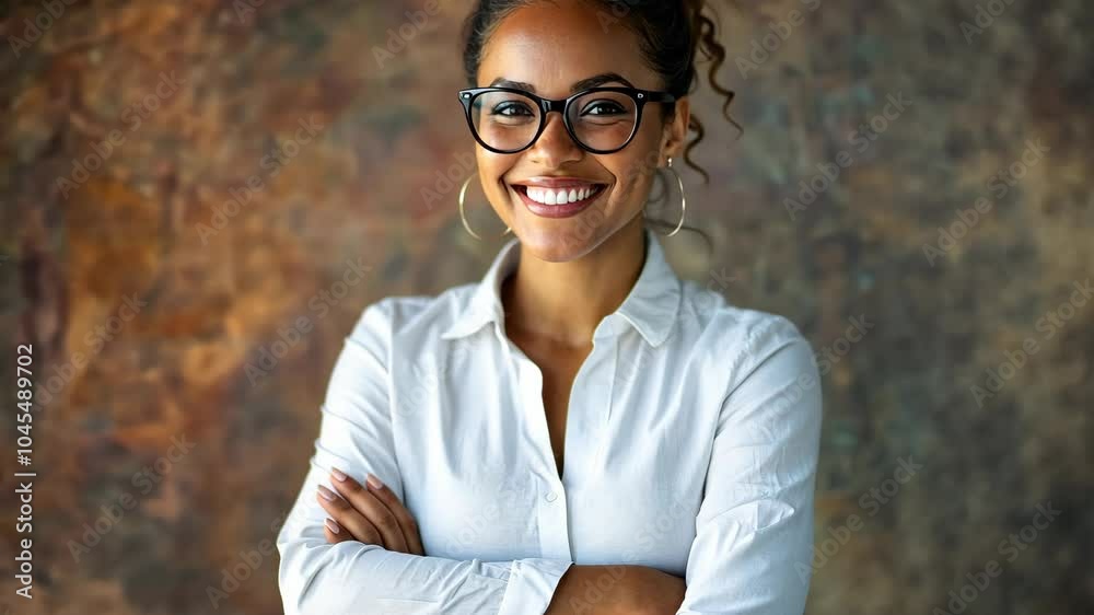 A woman with glasses and a white shirt smiles confidently in front of a brown wall A woman with glasses and a white shirt smiles confidently in front of a brown wall