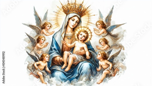 Mary as Our Lady of Perpetual Help Create an image of Mary with Christ child and angels in watercolor illustration