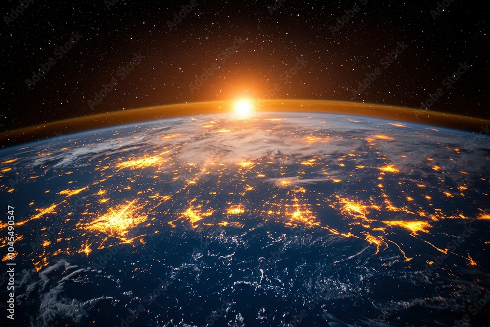 Obraz premium Earth at Night with City Lights and a Rising Sun