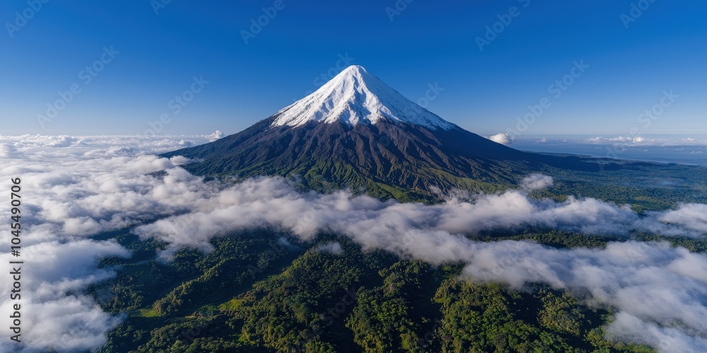 Fototapeta premium Majestic Snow capped Volcano Above Clouds Aerial View
