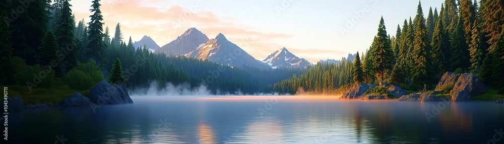 Fototapeta premium Quiet lakeside morning, with mist gently rising from the water, surrounded by dense forests and towering mountains, under the soft light of the early dawn