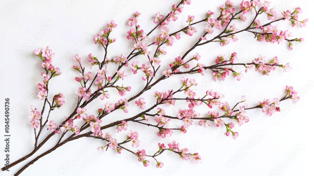 Delicate pink cherry blossoms arranged on a white background, creating a beautiful and elegant floral design. Delicate pink cherry blossoms arranged on a white background, creating a beautiful and elegant floral design.