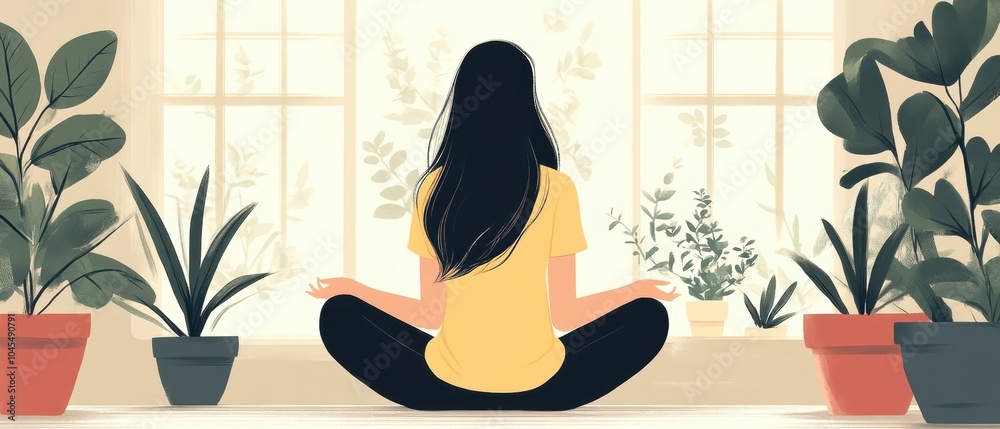 Woman meditating among indoor plants in a serene environment. Woman meditating among indoor plants in a serene environment.