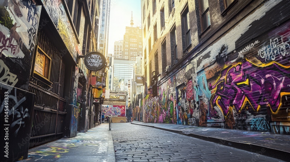 Naklejka premium A narrow, cobbled street with colorful graffiti art on the walls. A lone person walks down the street.