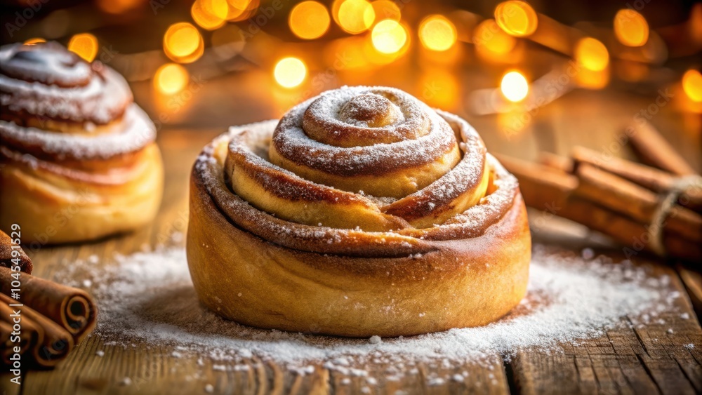 A Single Cinnamon Roll with Powdered Sugar and Cinnamon Sticks, a Warm and Festive Treat A Single Cinnamon Roll with Powdered Sugar and Cinnamon Sticks, a Warm and Festive Treat