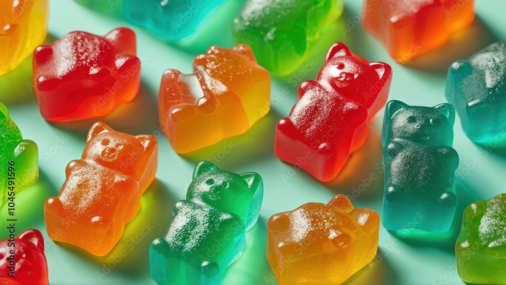 Colorful gummy bears arranged on a surface, showcasing vibrant candy varieties.